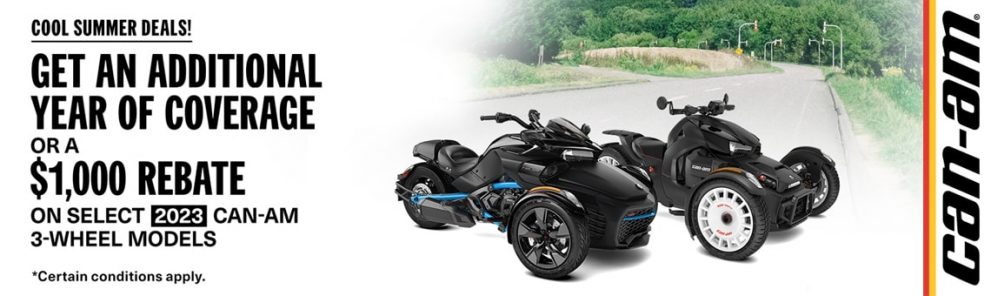Cool Summer Deals! Get an Additional Year of Coverage and a $1,000 rebate on select 2023 Can-Am 3-Wheel models