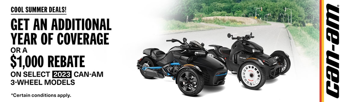 Cool Summer Deals! Get an Additional Year of Coverage and a $1,000 rebate on select 2023 Can-Am 3-Wheel models